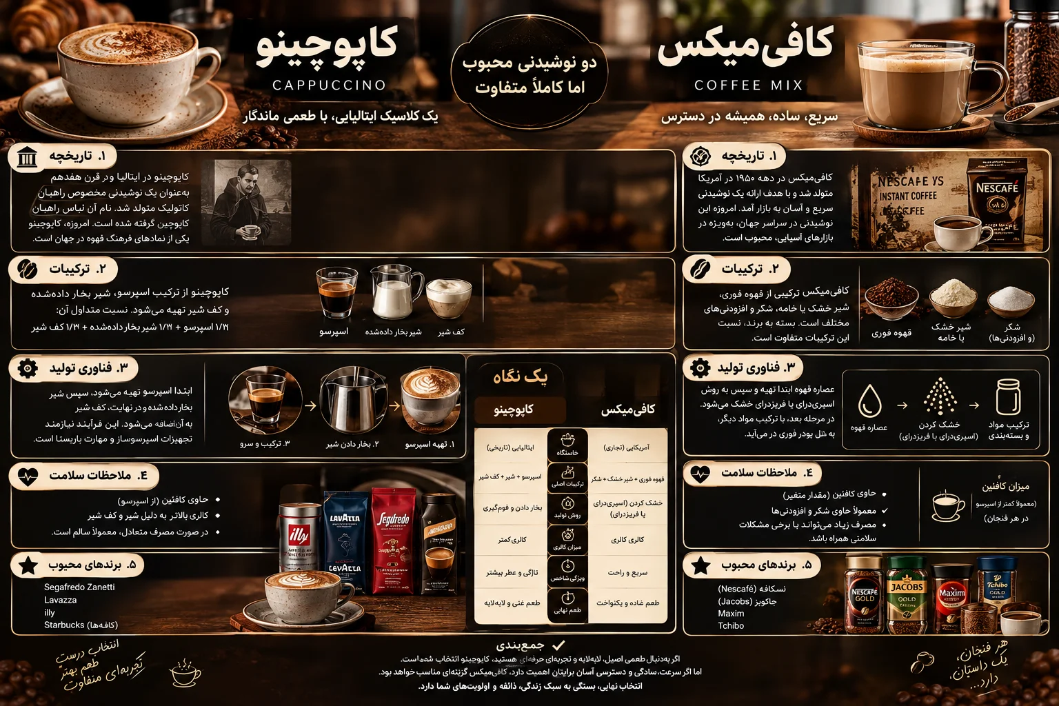 کاپوچینو و کافی‌میکس؛ تفاوت‌ها، ترکیبات و راهنمای انتخاب