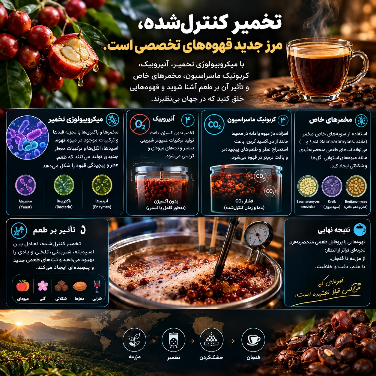 تخمیر کنترل‌شده در فرآوری قهوه؛ انقلاب میکروسکوپی که طعم را از نو می‌سازد